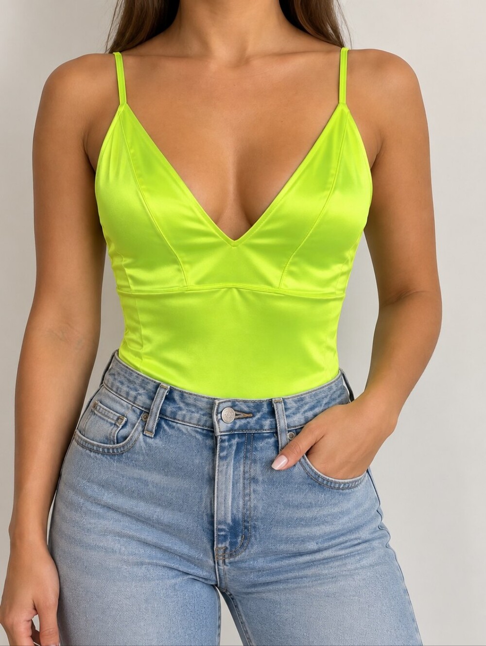 H&M Neon Lime Satin V-Neck Bodysuit